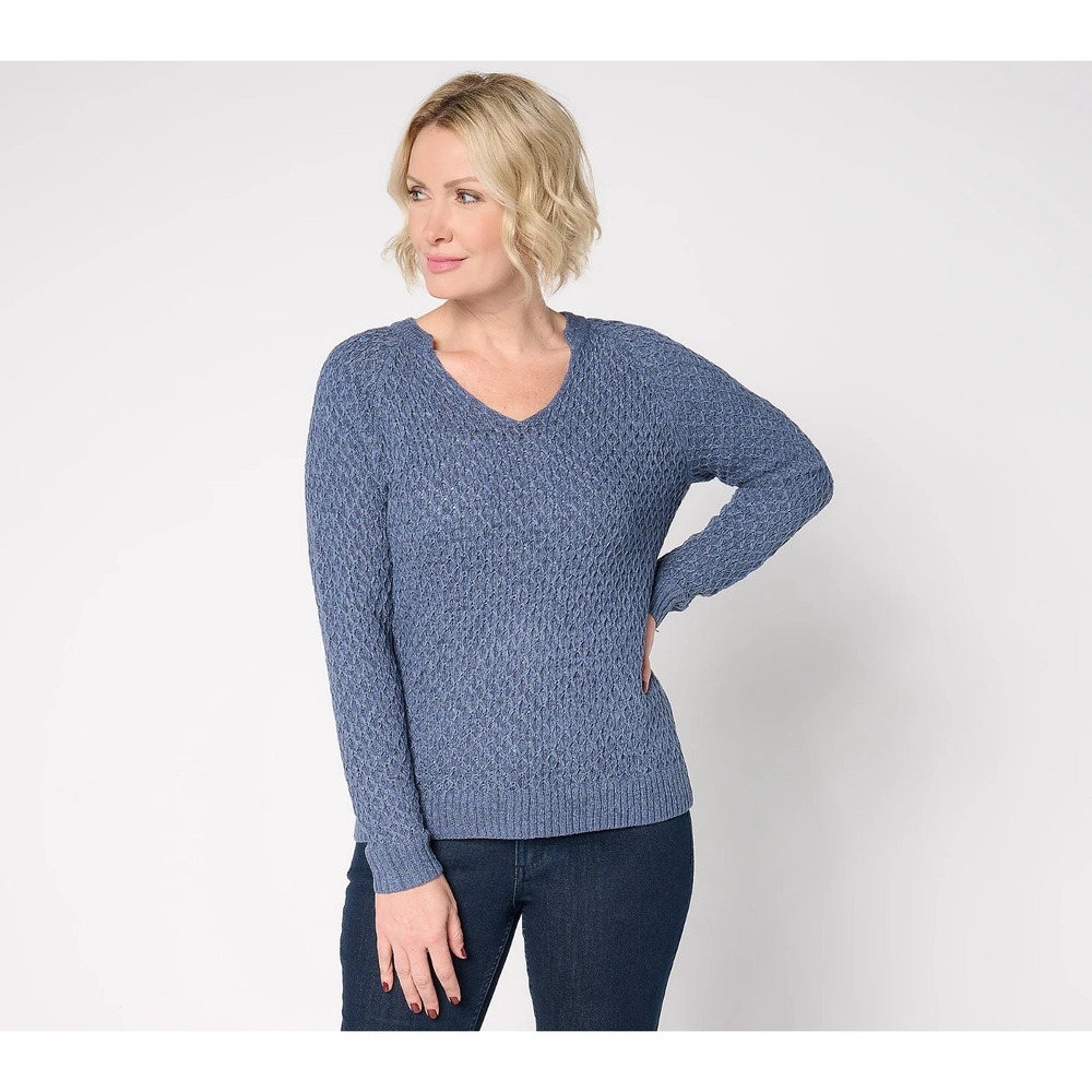 BEAUTIFUL by Laurence Zarian V-Neck Novelty Stitch Sweater Vintage Indigo M 146R